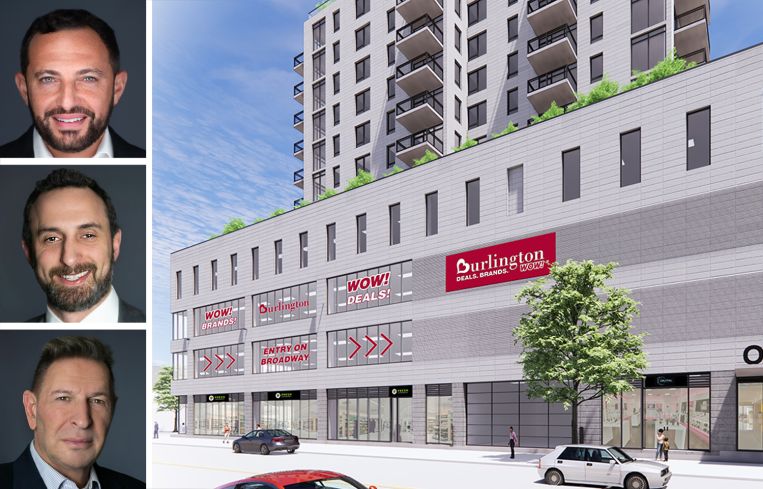 Heller Organization's Adam Heller (top), Joshua Singer (center), and Stephen Weber (bottom), and a rendering of 72-22 Broadway in Jackson Heights, Queens.