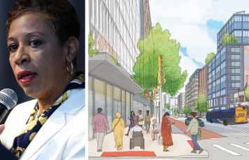 New York City Council Adrienne Adams and a rendering of the proposed Jamaica neighborhood plan.