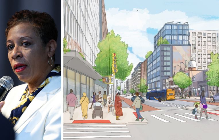 New York City Council Adrienne Adams and a rendering of the proposed Jamaica neighborhood plan.