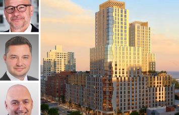 New York City Economic Development Corporation's Andrew Kimball (top), Rybak Development's Sergey Rybak (center) and Jason Reznik (bottom), and a rendering of Tilyou Towers at Coney Island West.