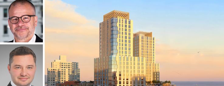 New York City Economic Development Corporation's Andrew Kimball (top), Rybak Development's Sergey Rybak (center) and Jason Reznik (bottom), and a rendering of Tilyou Towers at Coney Island West.