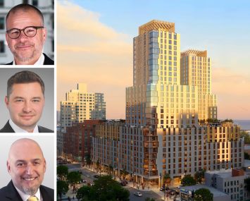 New York City Economic Development Corporation's Andrew Kimball (top), Rybak Development's Sergey Rybak (center) and Jason Reznik (bottom), and a rendering of Tilyou Towers at Coney Island West.