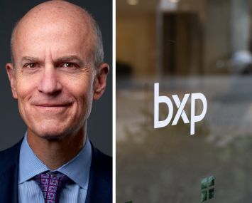 BXP CEO Owen Thomas and the BXP logo on a glass entrance.
