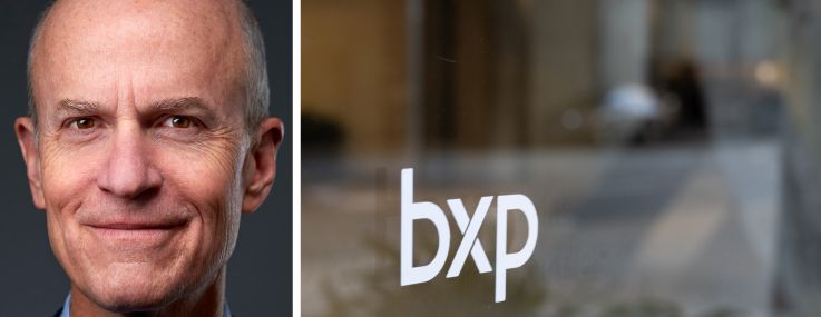 BXP CEO Owen Thomas and the BXP logo on a glass entrance.