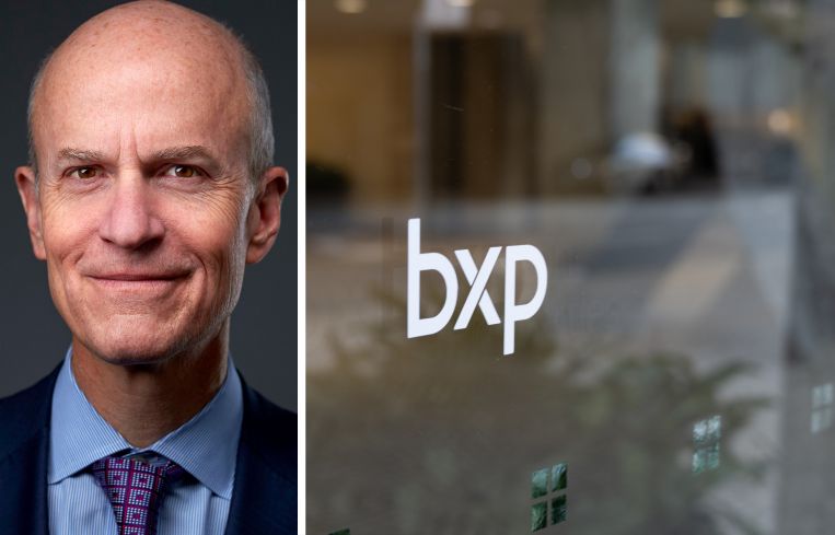 BXP CEO Owen Thomas and the BXP logo on a glass entrance.
