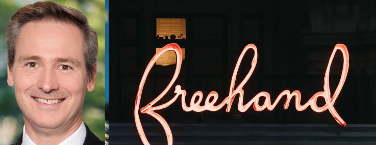 Trimont's Bill Sexton and the Freehand logo on one of its hotels.