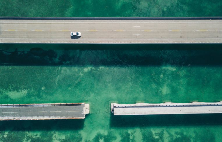 Bridge in Florida Keys from drone point of view.