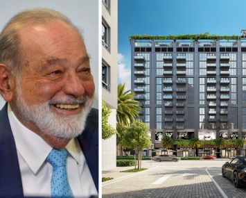 Carlos Slim Helú and a rendering of the Rider Residences project in Miami.