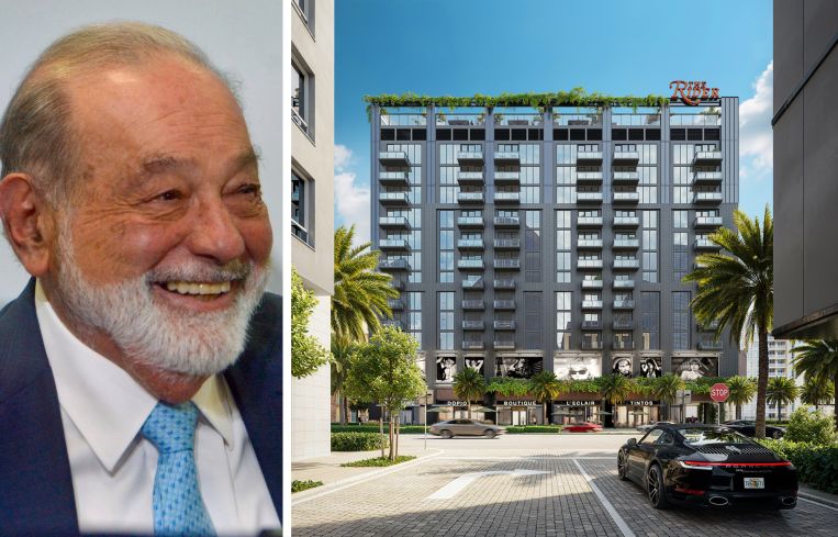 Carlos Slim Helú and a rendering of the Rider Residences project in Miami.