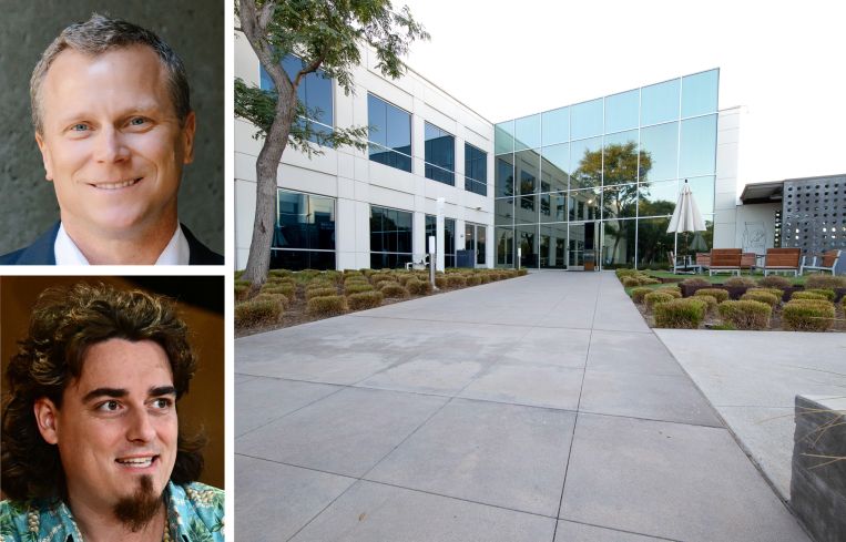 DrawBridge Realty CEO Charlie McEachron (top), Anduril founder Palmer Luckey (bottom), and The Hive in Costa Mesa, Calif.