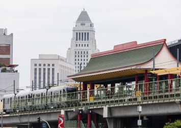 The Metro Rail A Line pulls into the Chinatown station in Los Angeles.