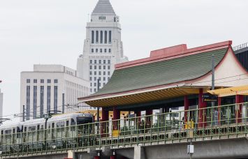 The Metro Rail A Line pulls into the Chinatown station in Los Angeles.
