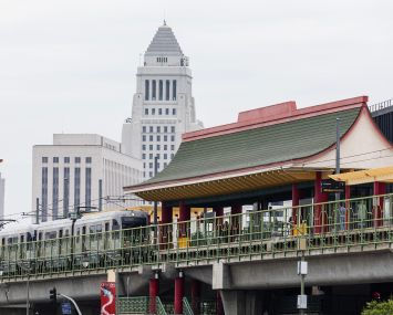 The Metro Rail A Line pulls into the Chinatown station in Los Angeles.