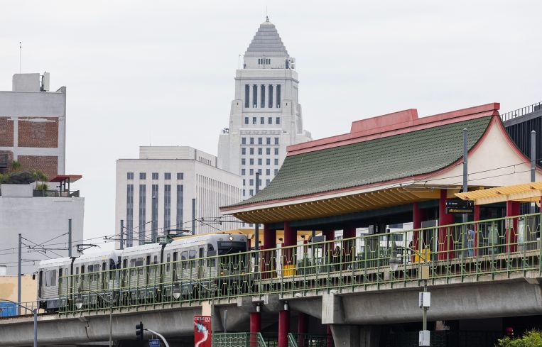 The Metro Rail A Line pulls into the Chinatown station in Los Angeles.