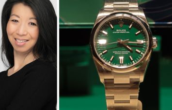 Empire State Realty Trust's Christina Chiu and a Rolex watch in a store display.