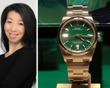 Empire State Realty Trust's Christina Chiu and a Rolex watch in a store display.