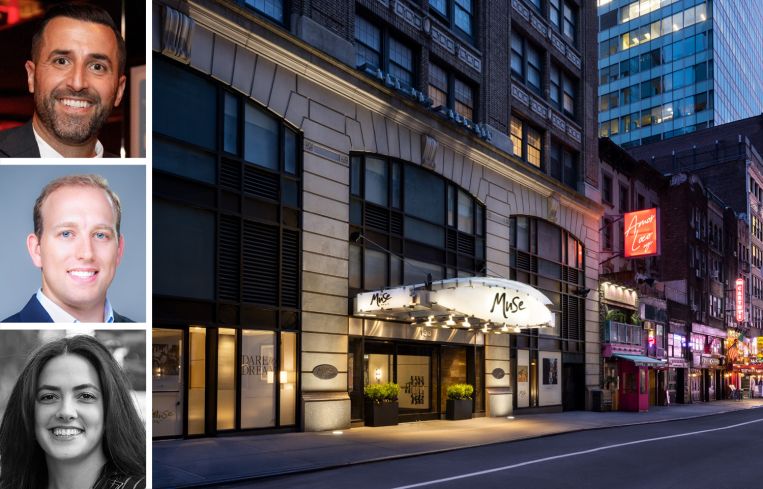 Vantage Real Estate's Danny Volk (top), Marc Johnson (center), and Kayla Terzi (bottom), and the Muse Hotel.