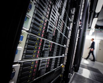 Server racks in a data center.