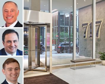 CBRE's David Hollander (top), Nick Hilton (center), and Maxwell Tarter (bottom), and 717 Fifth Avenue.