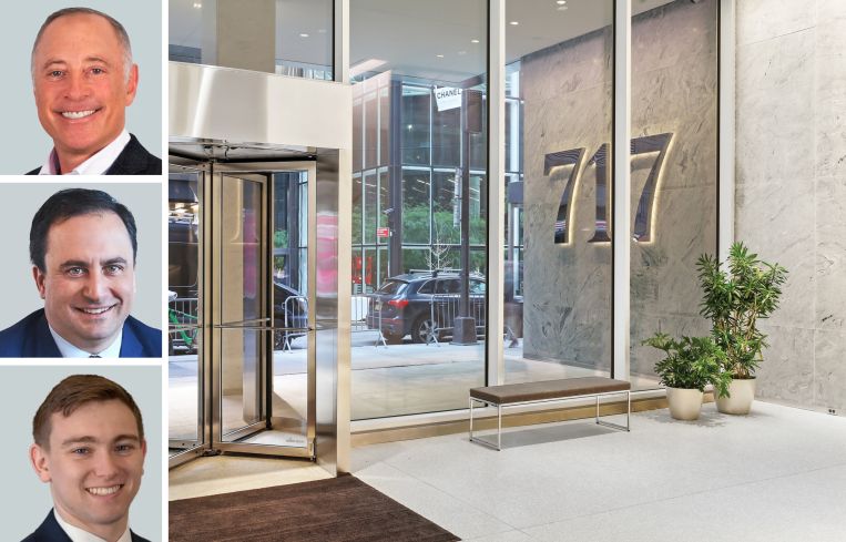 CBRE's David Hollander (top), Nick Hilton (center), and Maxwell Tarter (bottom), and 717 Fifth Avenue.