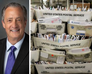 Postmaster General David Steiner and trays of mail at a post office.
