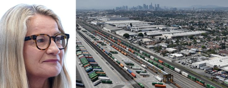 Aware Super CEO Deanne Stewart and an industrial area in Commerce, Calif.