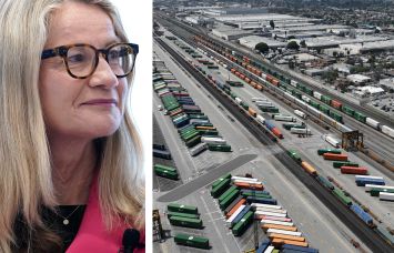 Aware Super CEO Deanne Stewart and an industrial area in Commerce, Calif.