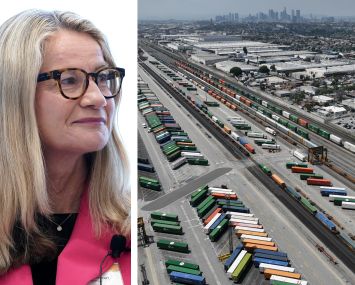 Aware Super CEO Deanne Stewart and an industrial area in Commerce, Calif.