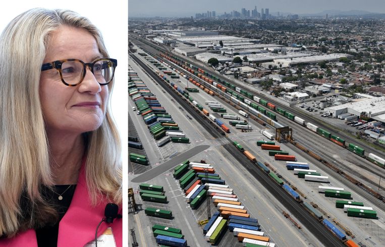 Aware Super CEO Deanne Stewart and an industrial area in Commerce, Calif.