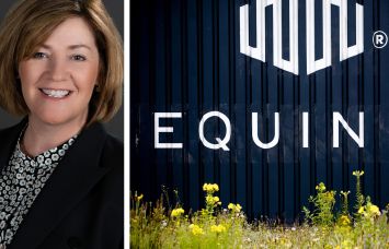 Equinix President and CEO Adaire Fox-Martin and Equinix's logo on a building.