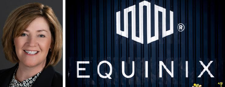 Equinix President and CEO Adaire Fox-Martin and Equinix's logo on a building.