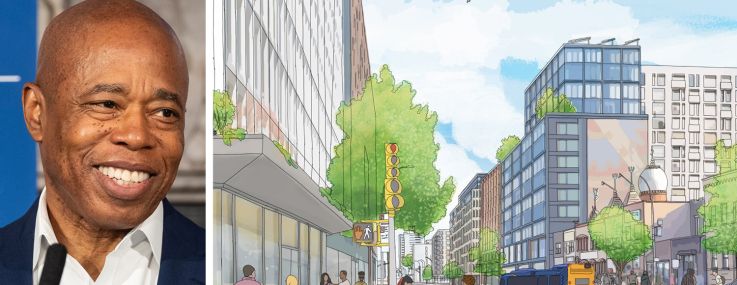Mayor Eric Adams and an illustrative vision of Hillside Avenue and 150th Street in Jamaica, Queens.