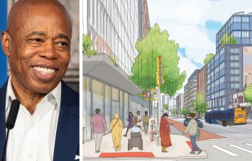 Mayor Eric Adams and an illustrative vision of Hillside Avenue and 150th Street in Jamaica, Queens.