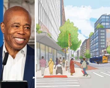 Mayor Eric Adams and an illustrative vision of Hillside Avenue and 150th Street in Jamaica, Queens.