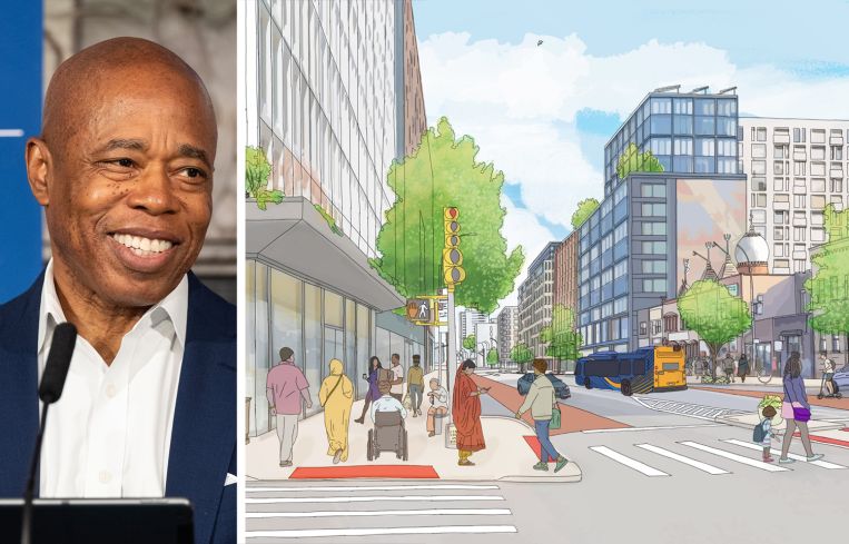 Mayor Eric Adams and an illustrative vision of Hillside Avenue and 150th Street in Jamaica, Queens.