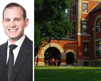 Eric Rosenstock of Greystone and students walking across the University of New Hampshire campus.