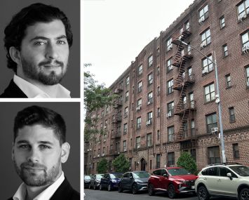Greenmont Group's Eyal Greenberg (top) and Josh Honig (bottom), and 364 Lincoln Place, Brooklyn.