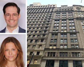 Savills' Gabe Marans (top) and Maxine Rosen (bottom), and 32 Broadway.