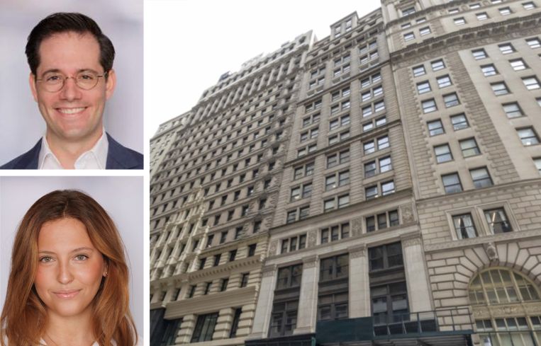 Savills' Gabe Marans (top) and Maxine Rosen (bottom), and 32 Broadway.