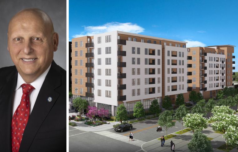 Glendale Mayor Ara Najarian and a rendering of 236 North Central Avenue in Glendale, Calif.