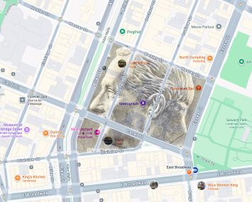 Image of the headside of a dime against a street map of Dimes Square.