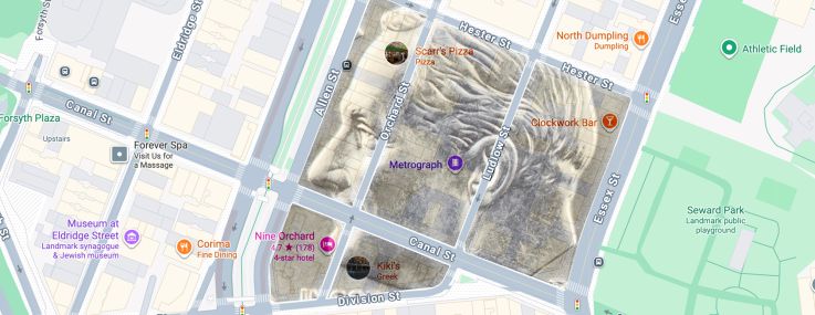 Image of the headside of a dime against a street map of Dimes Square.