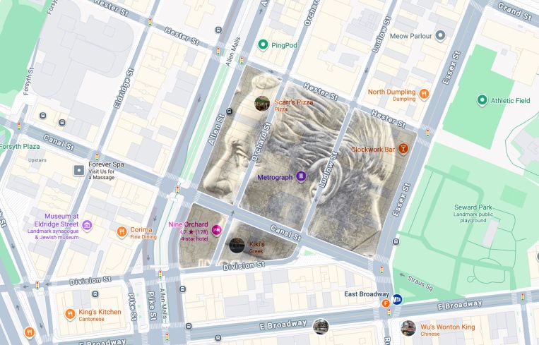Image of the headside of a dime against a street map of Dimes Square.