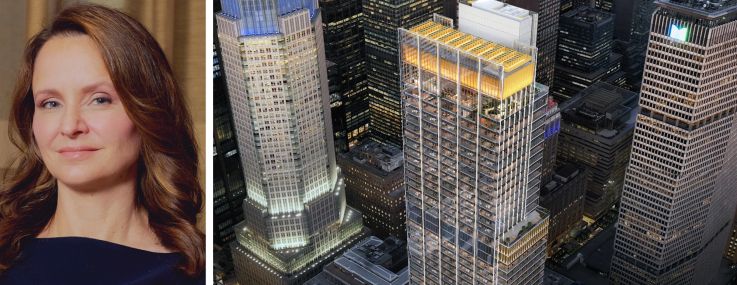 Hilary Spann, BXP Executive Vice President, New York Region, and a rendering of 343 Madison Avenue.