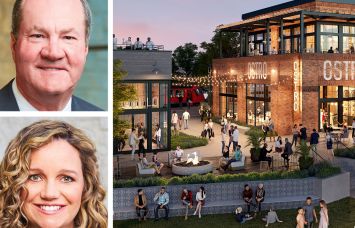 Hines' co-CEOs Jeff Hines (top) and Laura Hines-Pierce, and a rendering of Riverwalk San Diego.