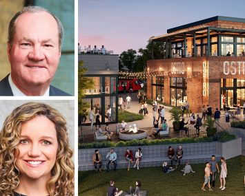 Hines' co-CEOs Jeff Hines (top) and Laura Hines-Pierce, and a rendering of Riverwalk San Diego.
