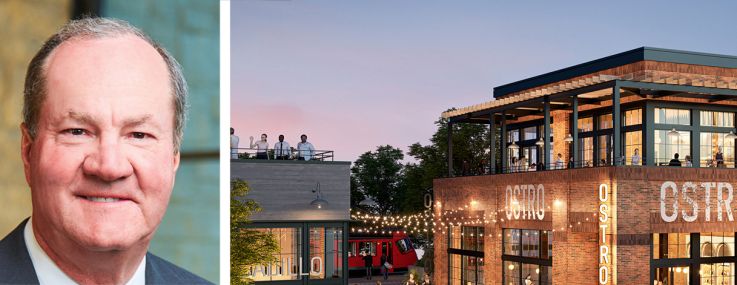 Hines' co-CEOs Jeff Hines (top) and Laura Hines-Pierce, and a rendering of Riverwalk San Diego.