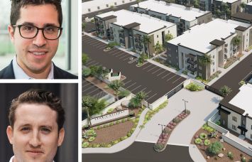 North River Partners' Jeff Rosenfeld (top) and Sean Roberston (bottom), and a rendering of a planned multifamily property at 8455 Grand Avenue in Peoria, Ariz.