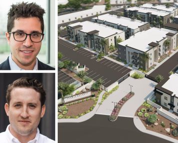 North River Partners' Jeff Rosenfeld (top) and Sean Roberston (bottom), and a rendering of a planned multifamily property at 8455 Grand Avenue in Peoria, Ariz.