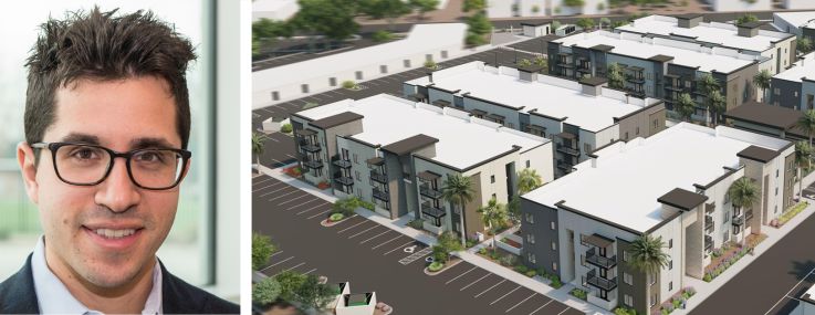 North River Partners' Jeff Rosenfeld (top) and Sean Roberston (bottom), and a rendering of a planned multifamily property at 8455 Grand Avenue in Peoria, Ariz.
